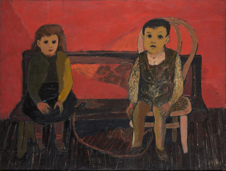 Huile sur bois, Pierre et Catherine enfants, 1949