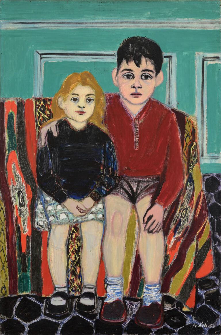 Huile sur bois, Pierre et Catherine enfants, 1951