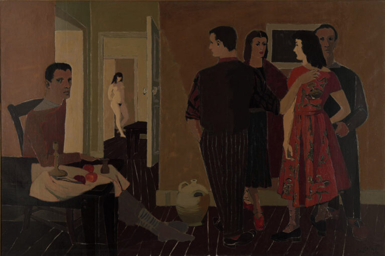 Huile sur toile, Réunion à la femme en rouge, 1949